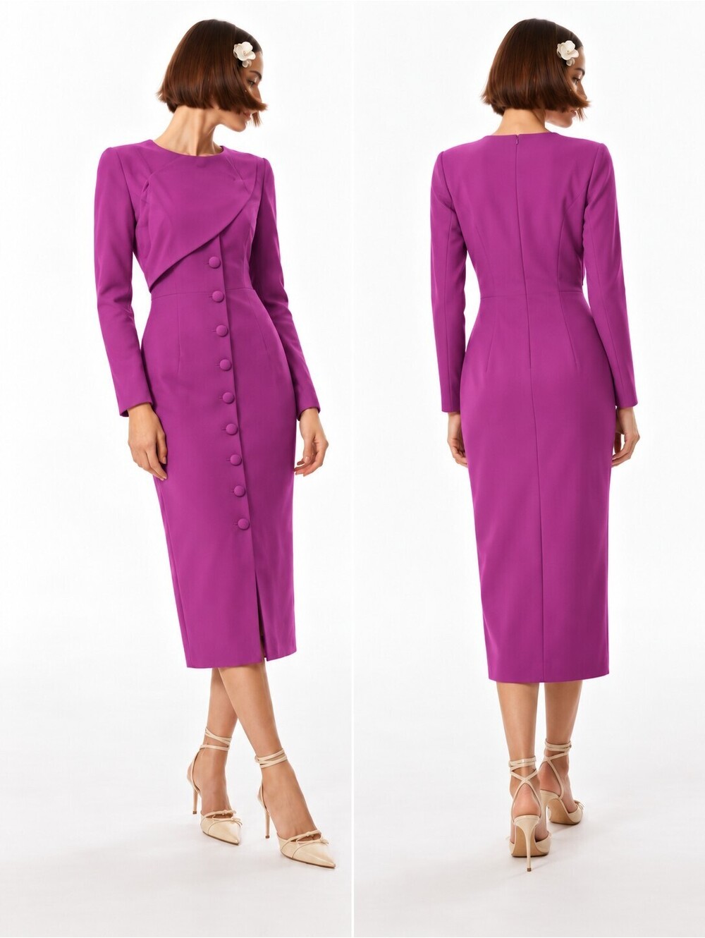 Badgley Mischka Magenta Long Sleeve Button Front Midi Dress Sz 4 Modest NWT